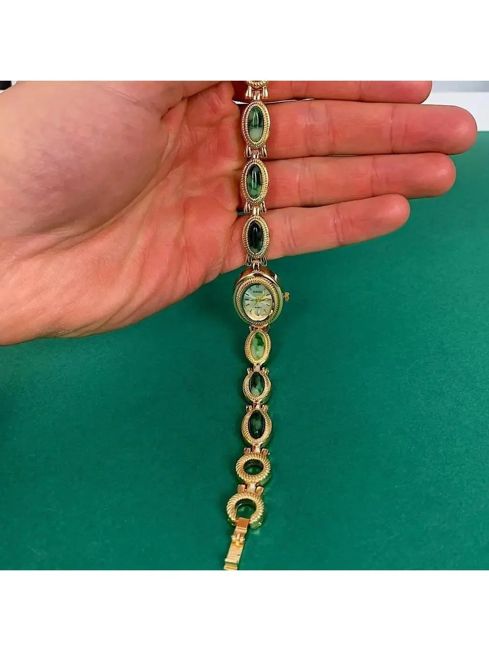 Y2k style Dainty cute Gold style tone quartz watch with green jade stone opal ac